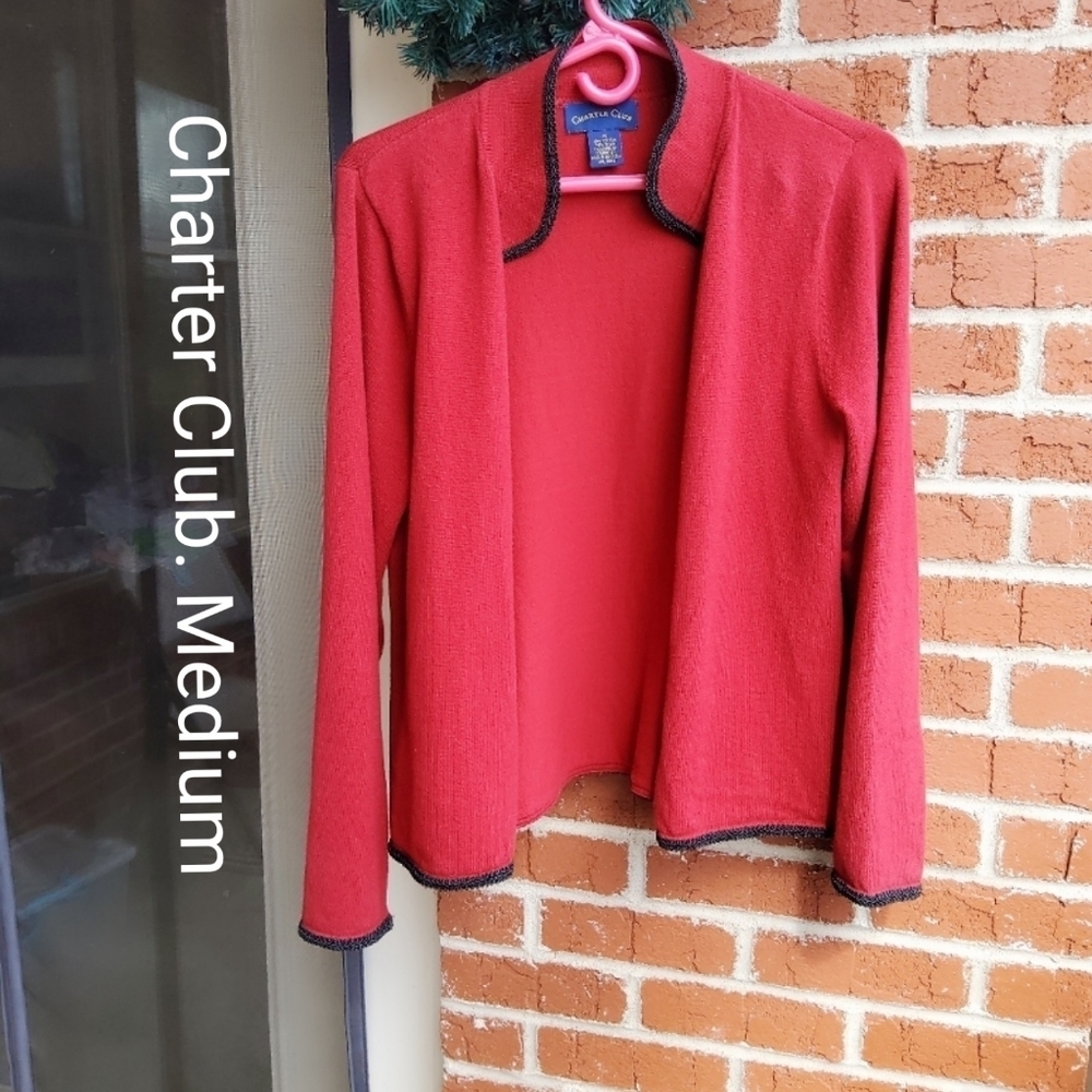 Charter Club Red Classy Sweater. 💚💙💛❤️ Medium. Unique Black Trim.